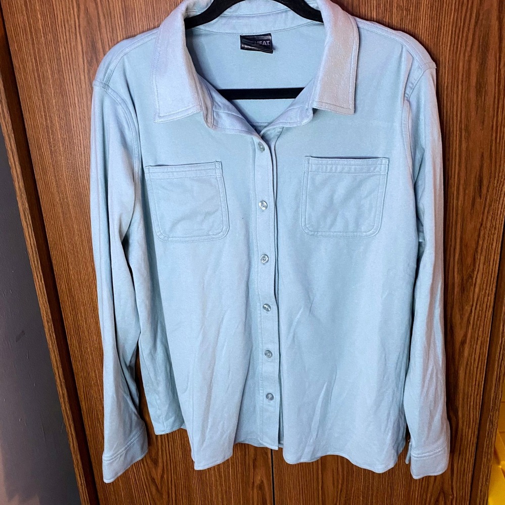 32 Degrees Heat Button Down Shirt Womens Large Light Blue Long Sleeve Stretch